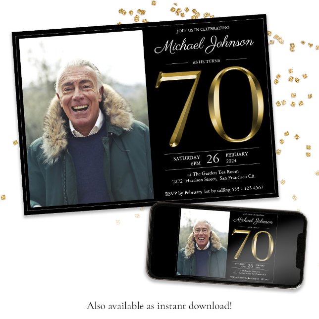 Modern foto med svart 70:e födelsedag i Guld Inbjudningar (Black 70th Birthday Gold Text Classy Modern Photo Invitation)