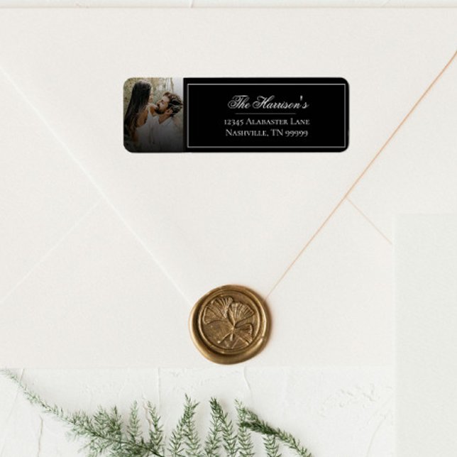 Modern foto med svart överlägg Bröllop Adress Returadress Etikett (Modern Photo with Black Overlay Wedding Address Label)