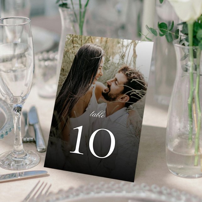 Modern foto med svart överlägg Bröllop Bordsnummer (Modern Photo with Black Overlay Wedding Table Number Card)