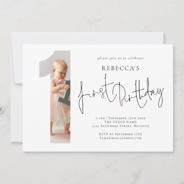 Modern foto nummer ett figur 1:a födelsedag inbjudningar (Framsida)