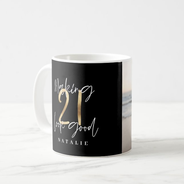 Modern foto på svart och guld 21:a födelsedagen kaffemugg (Framsida vänster)
