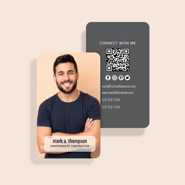 Modern Foto QR-kod Anslut Med Mig Minimalistisk Visitkort (Photo business card with QR code back and modern contact details layout)