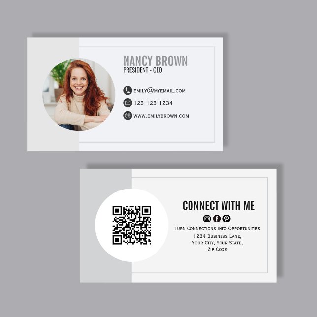 Modern Foto QR-kod Kontakta Mig Minimalistisk Visitkort (Modern photo QR code design featuring front and back layout, perfect for professional networking.)