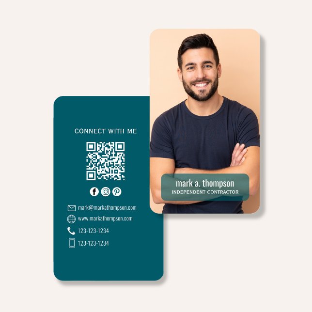 Modern Foto QR-kod Kontakta Mig Teal Visitkort (Modern photo QR code contact design with teal layout and clean professional branding)
