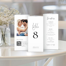 Modern Foto QR Trefaldig Bröllopsmeny Bordnummer