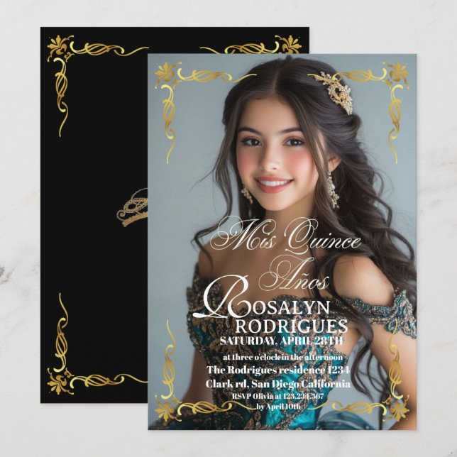 Modern Foto Quinceanera Guld Vit Inbjudningar (Fram/baksida)