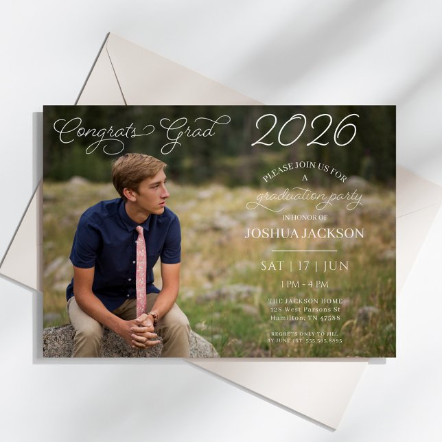 Modern Foto Script Horisontell Examenfest Inbjudningar (Modern Photo Script Horizontal Graduation Party Invitation)