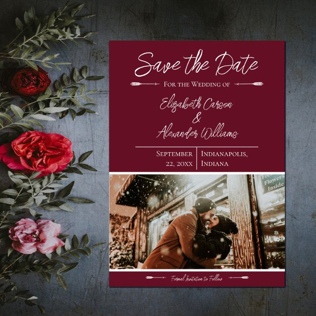 Modern Foto Spara Datum | Vinröd Datumet (Modern Photo Save the Date - Wine Red)