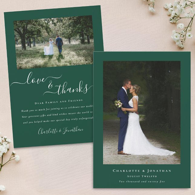 Modern Foto Tack Grön Bröllop Kort (Modern 2 photo love and thanks green wedding thank you card landscape and portrait photograph)