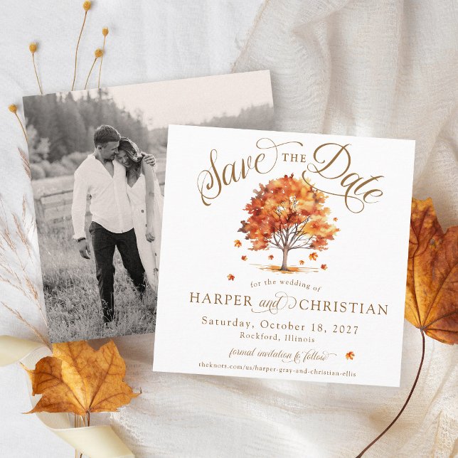 Modern foto till hösten Bröllop i Löv vid Träd Spara Datumet (Elegant modern script rustic watercolor fall leaf tree simple square photo wedding save the date)