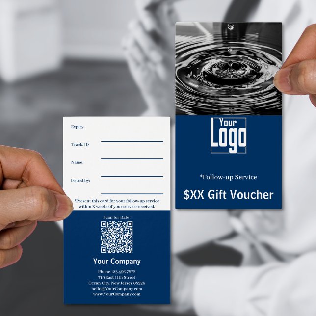 Modern Foto Uppföljningstjänst Voucherkort Visitkort (Modern Photo Follow-Up Service Voucher Card, Blue White Brand Color)