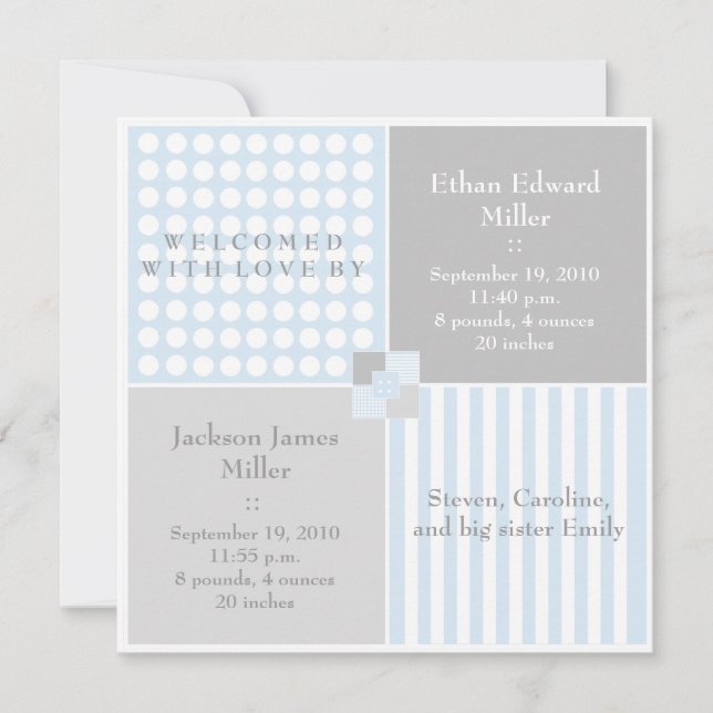 Modern fotoanmälan för Pojke Blue Twin Meddelande (Framsida)