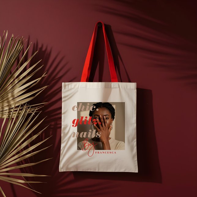 Modern fotobag för nagelsalong med social media oc tygkasse (Modern Nail Salon Business Photo Social & QR Code Tote Bag)