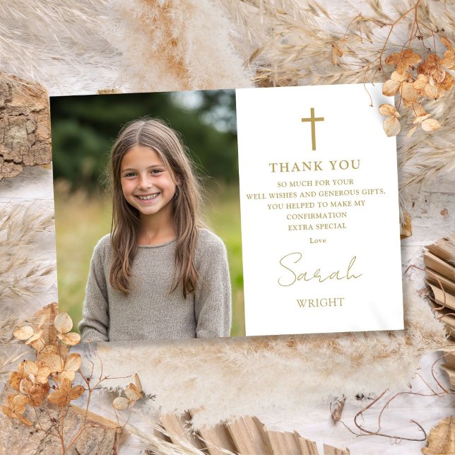 Modern fotobekräftelse av Guld-skript Tack Kort (Gold Script Modern Photo Confirmation Thank You Card)