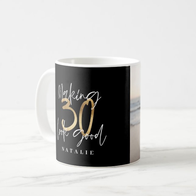 Modern fotobild för svart och guld 30års födelseda kaffemugg (Framsida vänster)