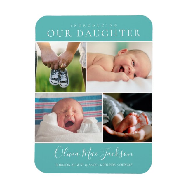 Modern Fotocollage Babykungörelse Teal Magnet (Vertikal)