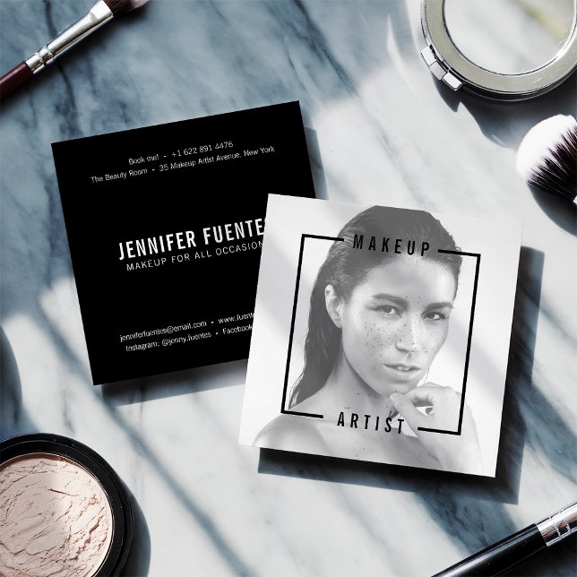 Modern fotofet svart typografi - konstnär fyrkantigt visitkort (Modern photo bold black typography makeup artist)