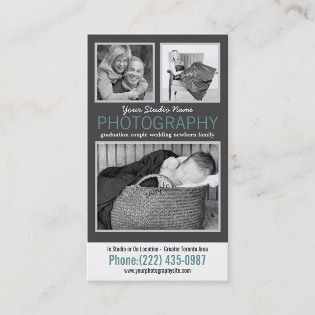 Modern fotograf med 3 exempelfoton visitkort (Framsida)