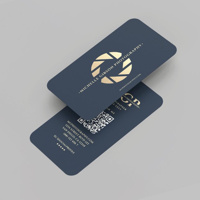 Modern fotograf Monogram Mörk blått Guld-kamera Visitkort (Modern Photographer Monogram Dark Blue Gold Camera Business Card
)
