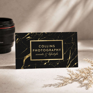 Modern Fotograf Svart Guld Marmor Visitkort