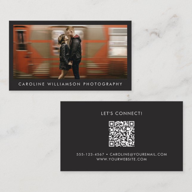Modern Fotografering Professionell Svart QR Visitkort (Fram/baksida)