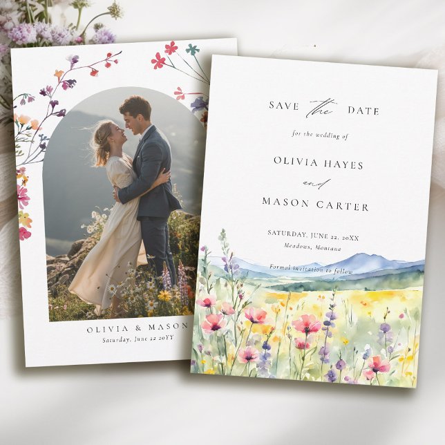 Modern Fotografi av Fjällängens Vilda Blommor Bröl Spara Datumet (mountain wedding save the date boho arch photo wildflowers meadow floral watercolor modern)