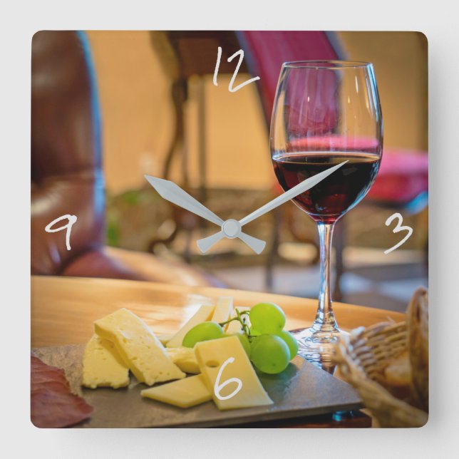 Modern fotografi av vin och ost stillastående fyrkantig klocka (Framsida)
