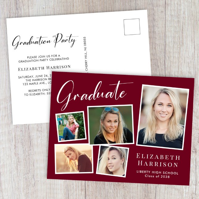 Modern Fotografi Burgundisk Studentfest Inbjudan Vykort (Modern Photo Burgundy Graduation Party Invitation Postcard)