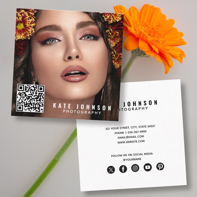 Modern fotografi - enkel fotominimal QR-kod Fyrkantigt Visitkort (Modern Photography Simple Photo Minimal QR Code Square Business Card)