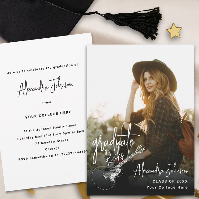 Modern Fotografi Examen Fest Inbjudningar (Modern trendy vertical photo Graduation announcement party invitation with cool country guitar )