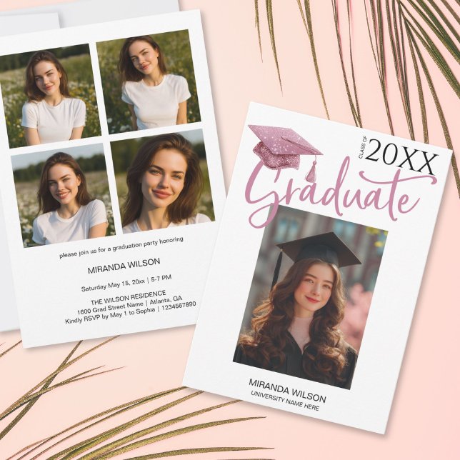 Modern Fotografi Utexamineringsfest Inbjudan Annon (modern rose gold graduation hat invitation)