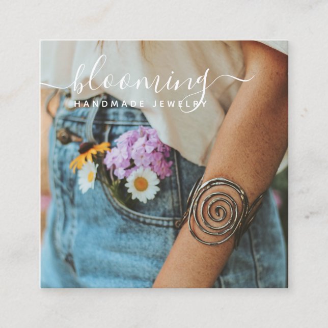 Modern fotohandgjord smyckesskript social-media fyrkantigt visitkort (Framsida)