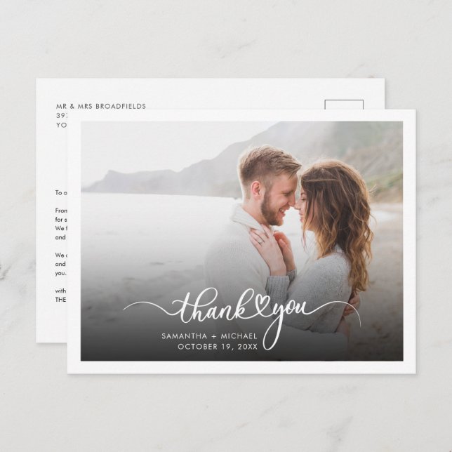 Modern fotohandskriven Bröllop Tack Vykort (Fram/baksida)