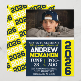 Modern fotoinbjudan för marin och Gult Studenten Inbjudningar