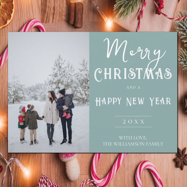 Modern fotojul-Helgdag kort | Teal (Teal Modern Photo Christmas Holiday Card)