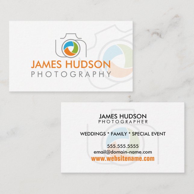 Modern fotokamera och färgad slutare visitkort (Fram/baksida)