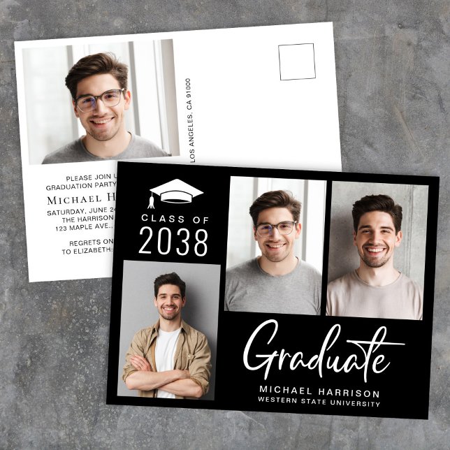 Modern fotoklass av 2025 svart Studentfest Inbjudan Vykort (Modern Black Photo Graduation Party Invitation Postcard)