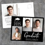 Modern fotoklass av 2025 svart Studentfest Inbjudan Vykort<br><div class="desc">2025-studentfestens moderna svarta vykort med 3 foton,  "Student" i ett fet,  vitt skript i contemporary och gradens namn,  klassår och gymnasium eller högskola i vanlig vit typografi. På motsatt sida lägger du till ytterligare ett foto och information om party.</div>