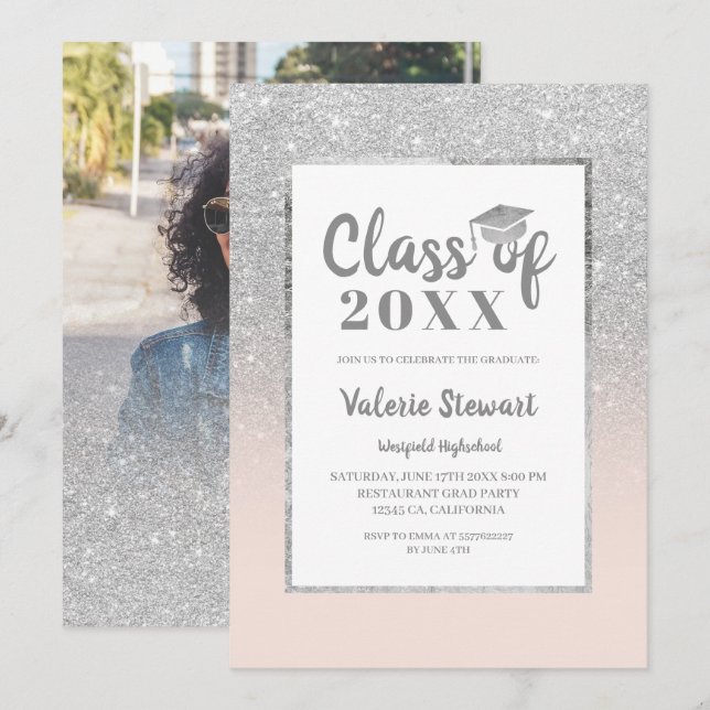 Modern fotoklass i silver glitter i studenten inbjudningar (Fram/baksida)