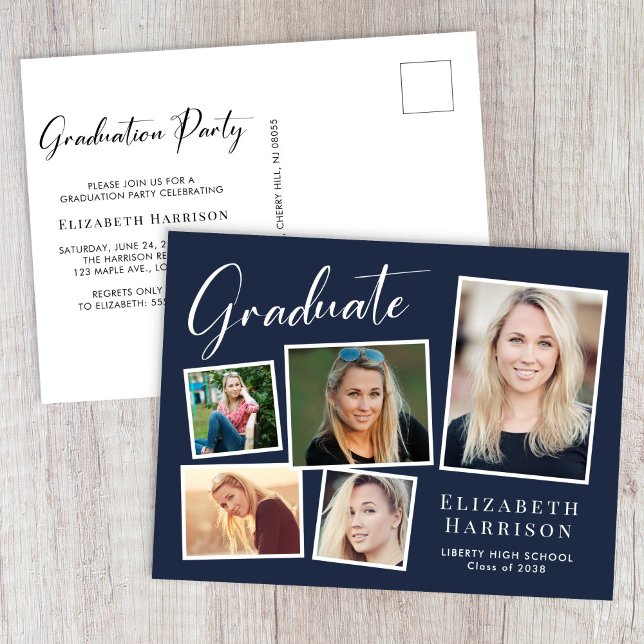 Modern fotokollage blå examensfest inbjudan vykort (Modern Photo Collage Blue Graduation Party Invitation Postcard)