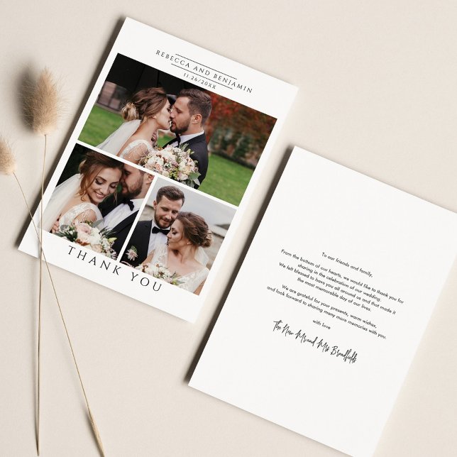Modern Fotokollage Bröllop Tack Kort (Wedding Day Photos Thank You Card)