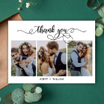 Modern fotokollage Bröllop - tackkort Tack Kort<br><div class="desc">Elegant Modern Chic Calligraphy Script 3 Photo Collage Bröllop - tackkort. Snyggt bröllop tackar dig för att du har en mall med tre bilder på framsidan med texten "Tack" i ett visuellt, snabbt och snävt tecken på typografi av skript, ett swash-teckensnitt från svan. 2-sidigt kort på baksidan (1) foto. Du...</div>