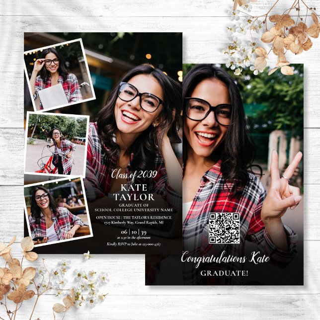 Modern Fotokollage Examen Fest QR-kod Inbjudningar (Photo Collage Modern Graduation Party QR Code Invitation)