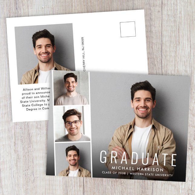 Modern fotokollage-examen meddelande vykort (Cherish the milestone: share your graduate's achievement with a custom photo graduation announcement)
