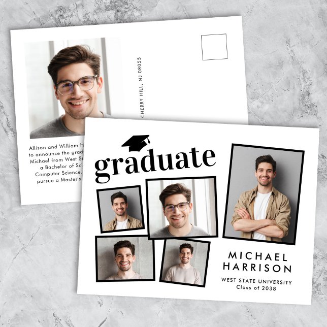 Modern Fotokollage Examen Meddelande Vykort (Cherish the milestone: share your graduate's achievement with a custom photo graduation announcement)