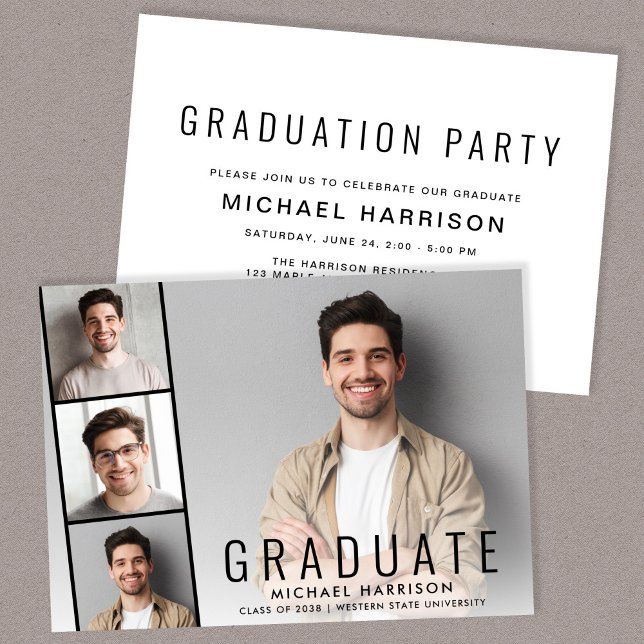 Modern Fotokollage Examenfest Inbjudningar (A personalized photo graduation party invitation to celebrate the graduate's achievements)