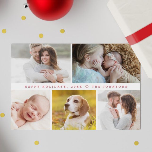 Modern fotokollage Glad helg Anpassningsbar Julkort (Red typography minimalist Happy Holidays family photo collage card.)
