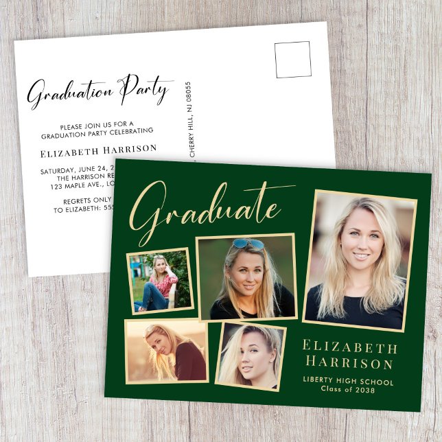 Modern Fotokollage Grön Guld Examensfest Inbjudan Vykort (Modern Photo Collage Green Gold Graduation Party Invitation Postcard)