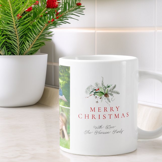 Modern fotokollage grönska God Jul Jumbo Mugg (Modern Photo Collage Greenery Merry Christmas Giant Coffee Mug)