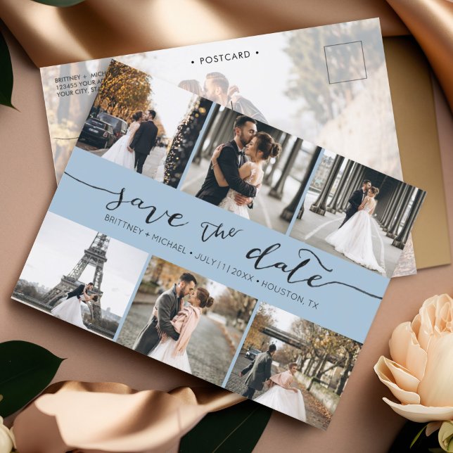 Modern fotokollage Spara datum - blått Meddelande Vykort (Save the Date hand lettered minimalistic photo collage postcard with photo on the back.)